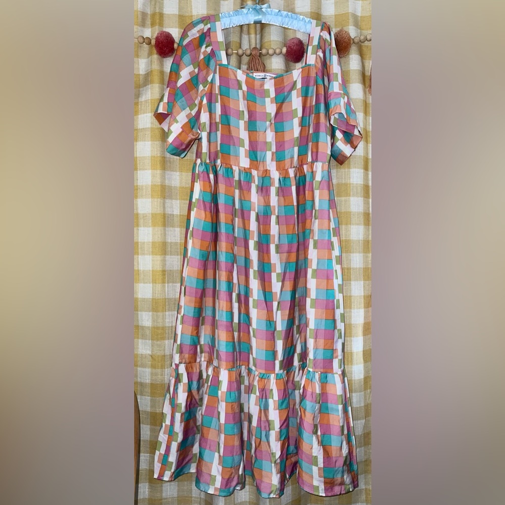 Michelle McDowell L Large multi color checked maxi dress NWOT